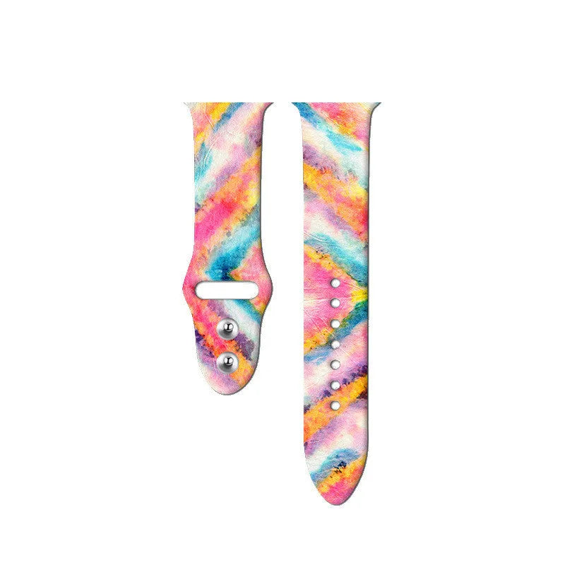 Apple Watch band silicone fashion design adjustable strap replacement with custom patterns and tie-dye options for 38/40mm and 42/44mm Apple Watch models including SE, available in long and standard lengths with splash ink and leopard print designs