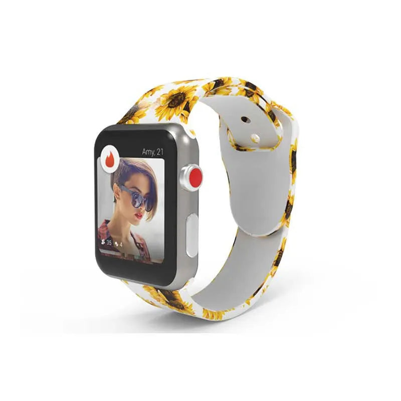 Apple Watch silicone band with colourful tie-dye pattern, shown attached to a watch and laid flat