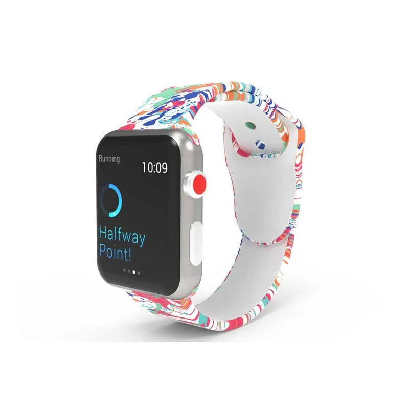 Apple Watch silicone band with colourful tie-dye pattern, shown attached to a watch and laid flat