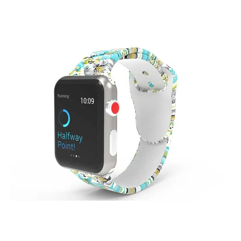 Apple Watch silicone band with colourful tie-dye pattern, shown attached to a watch and laid flat