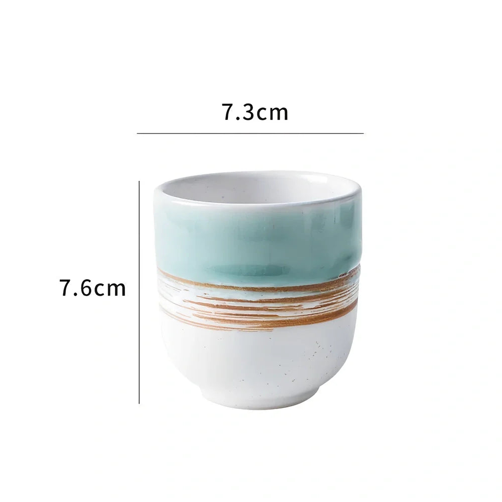 Japanese ceramic tea cup with kiln-fired pigmented glaze and external thread design