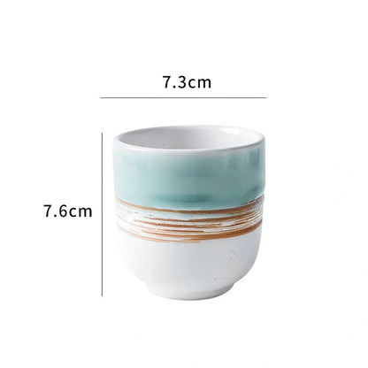 Japanese ceramic tea cup with kiln-fired pigmented glaze and external thread design