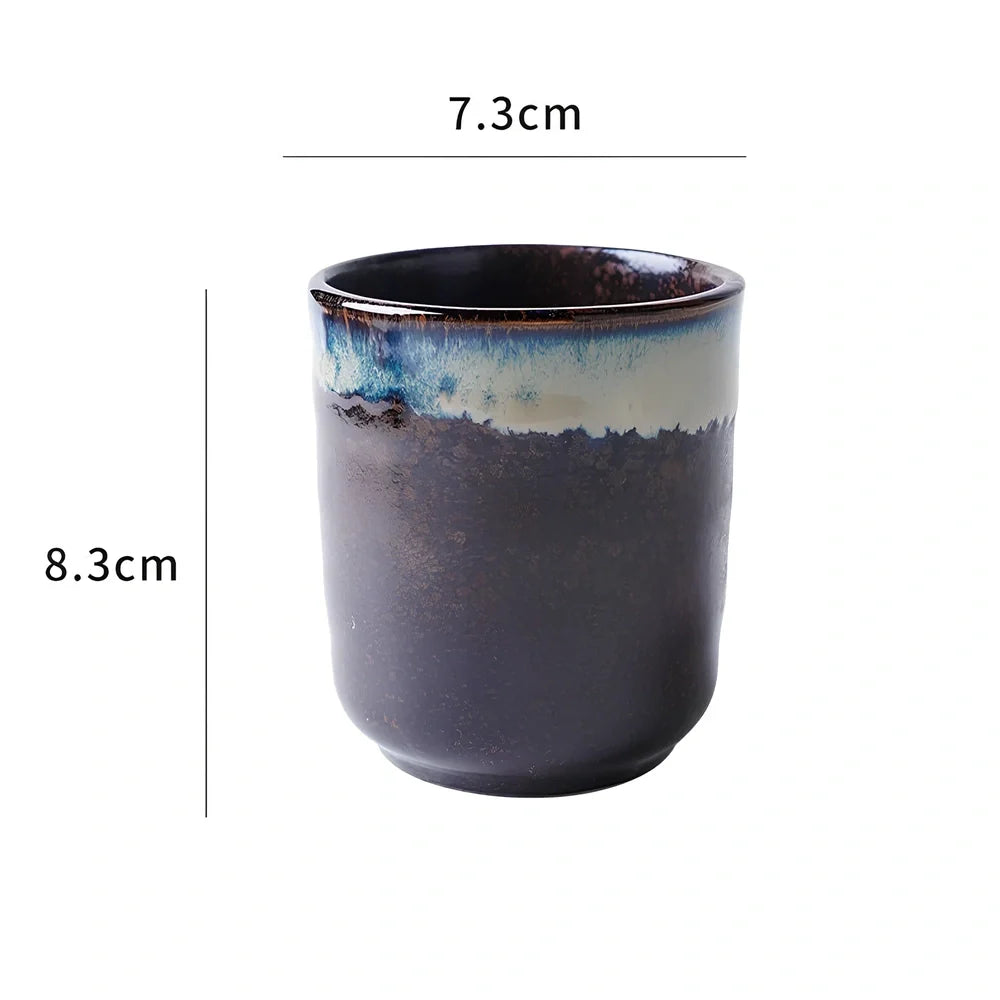 Japanese ceramic tea cup with kiln-fired pigmented glaze and external thread design