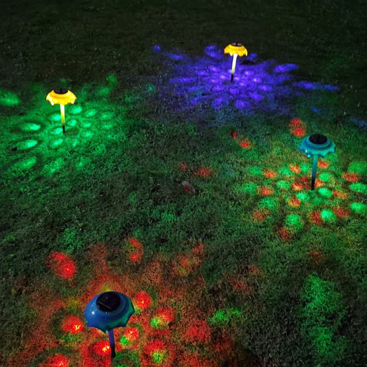 Decorative outdoor solar-powered landscape lights with umbrella-shaped design and colour-changing LED illumination