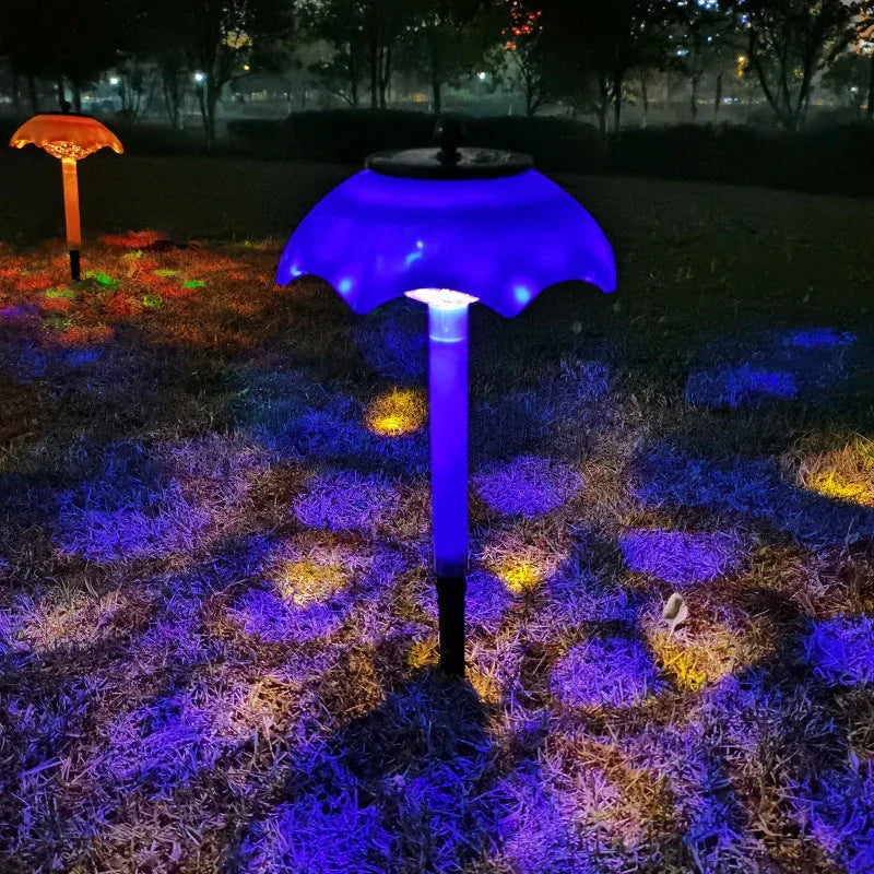 Decorative outdoor solar-powered landscape lights with umbrella-shaped design and colour-changing LED illumination