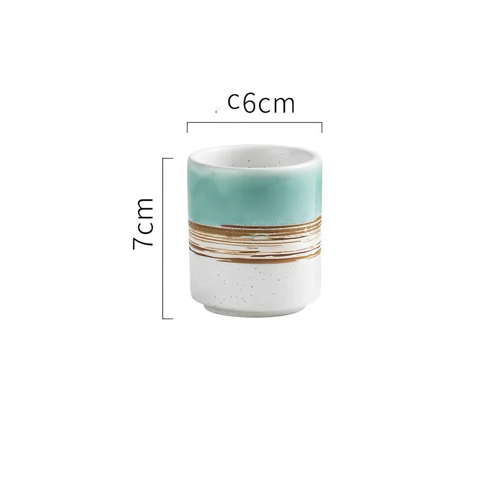 Japanese ceramic tea cup with kiln-fired pigmented glaze and external thread design