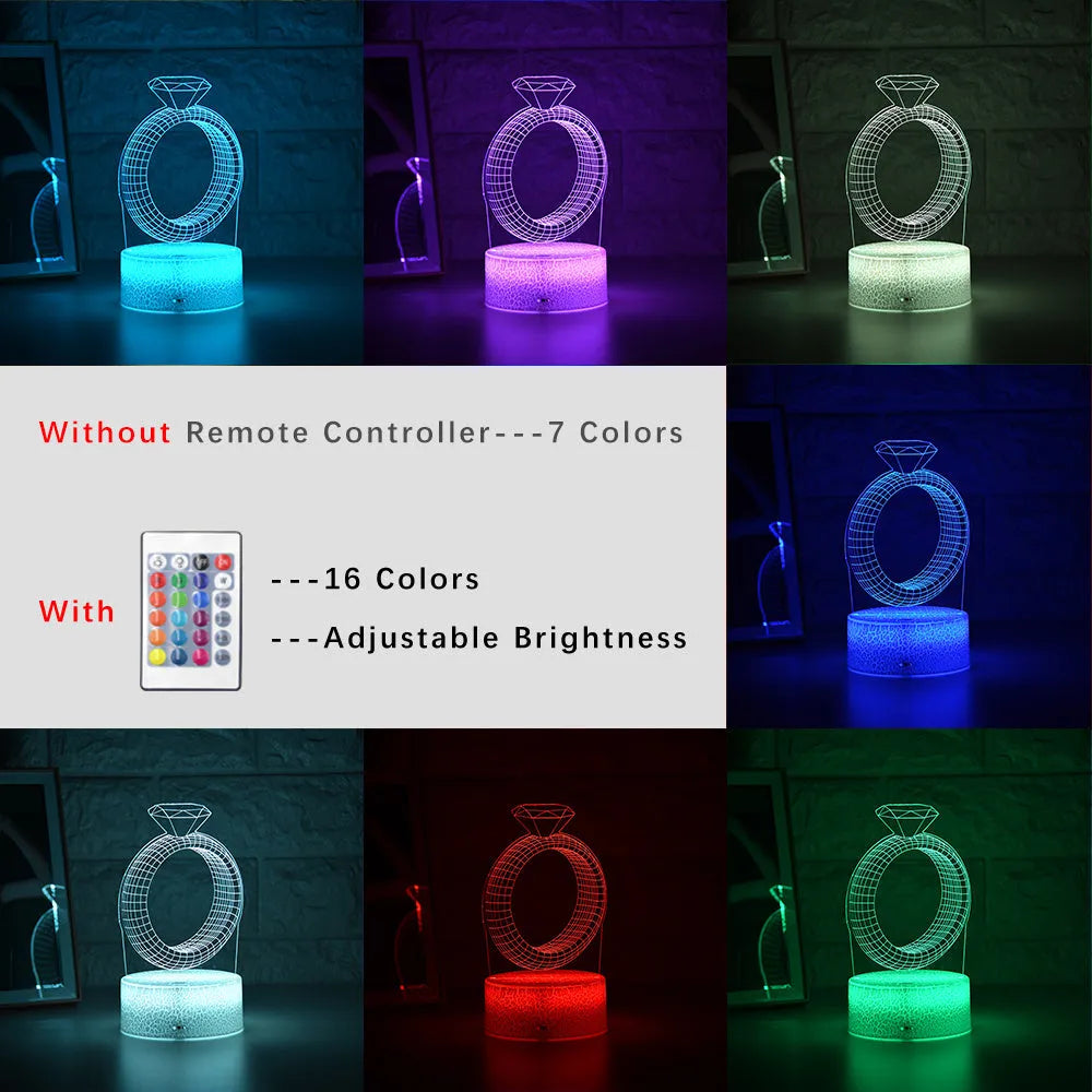 3D LED night light showing diamond ring stereogram with colour-changing illumination on acrylic surface