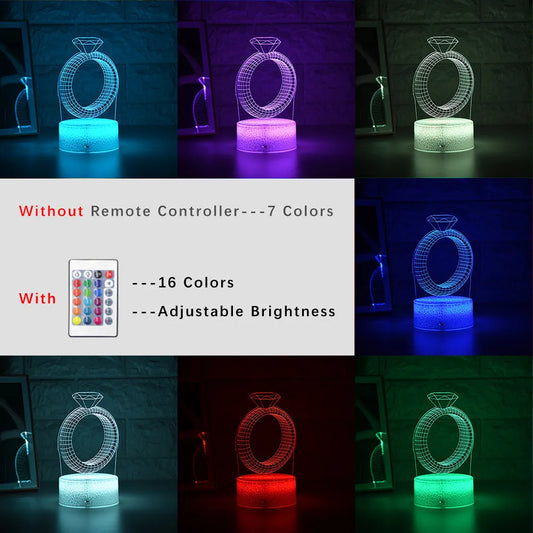 3D LED night light showing diamond ring stereogram with colour-changing illumination on acrylic surface