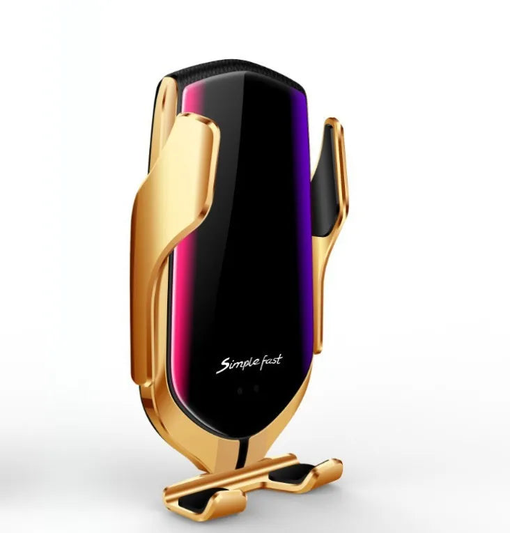 Magic Clip R1 car phone holder in gold or silver with automatic clamping and wireless charging feature