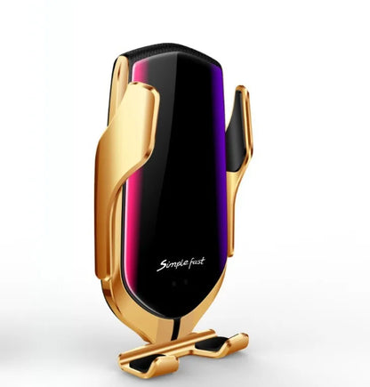 Magic Clip R1 car phone holder in gold or silver with automatic clamping and wireless charging feature