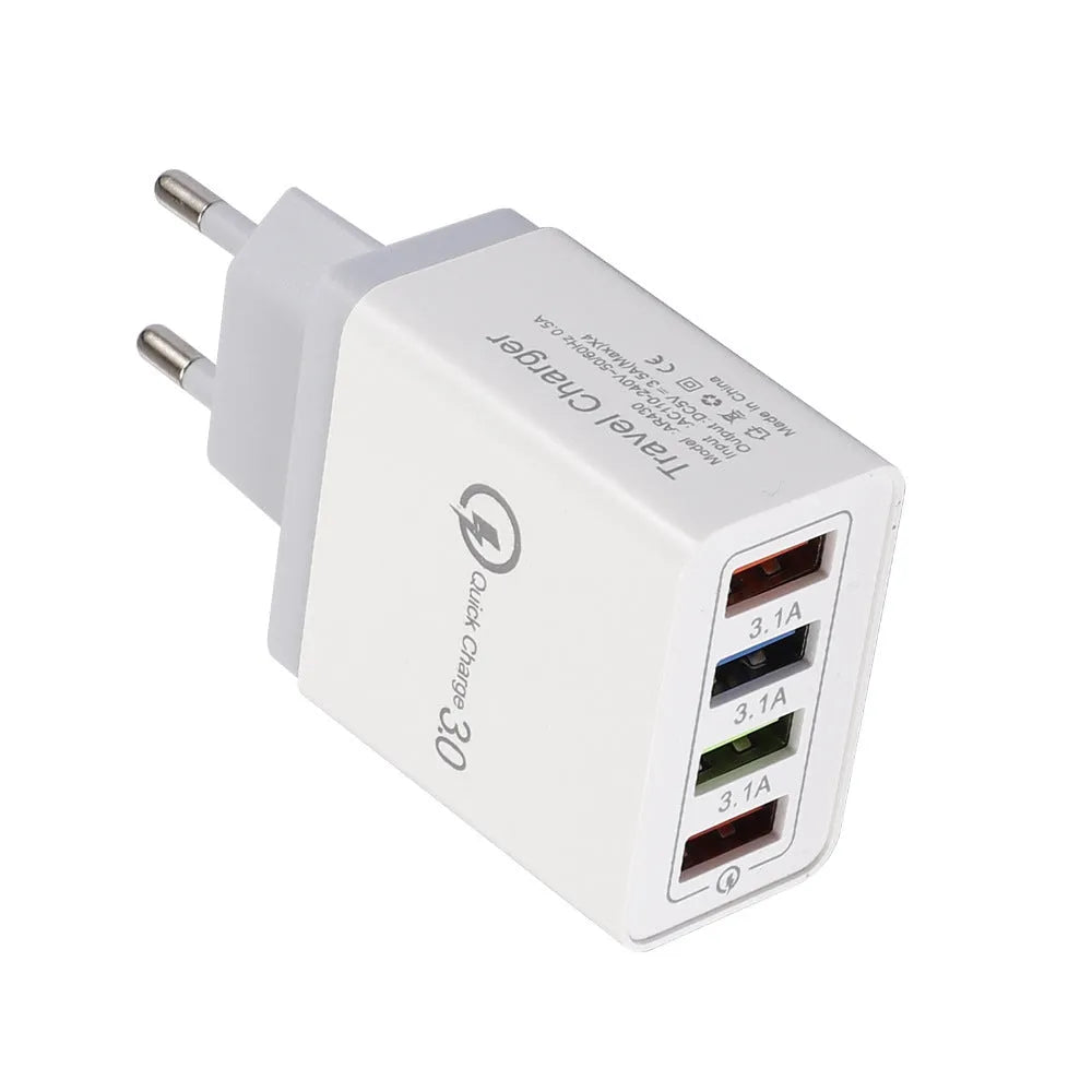 Simple Luminous 4USB mobile phone charger with UK plug showing four USB ports and compact dimensions