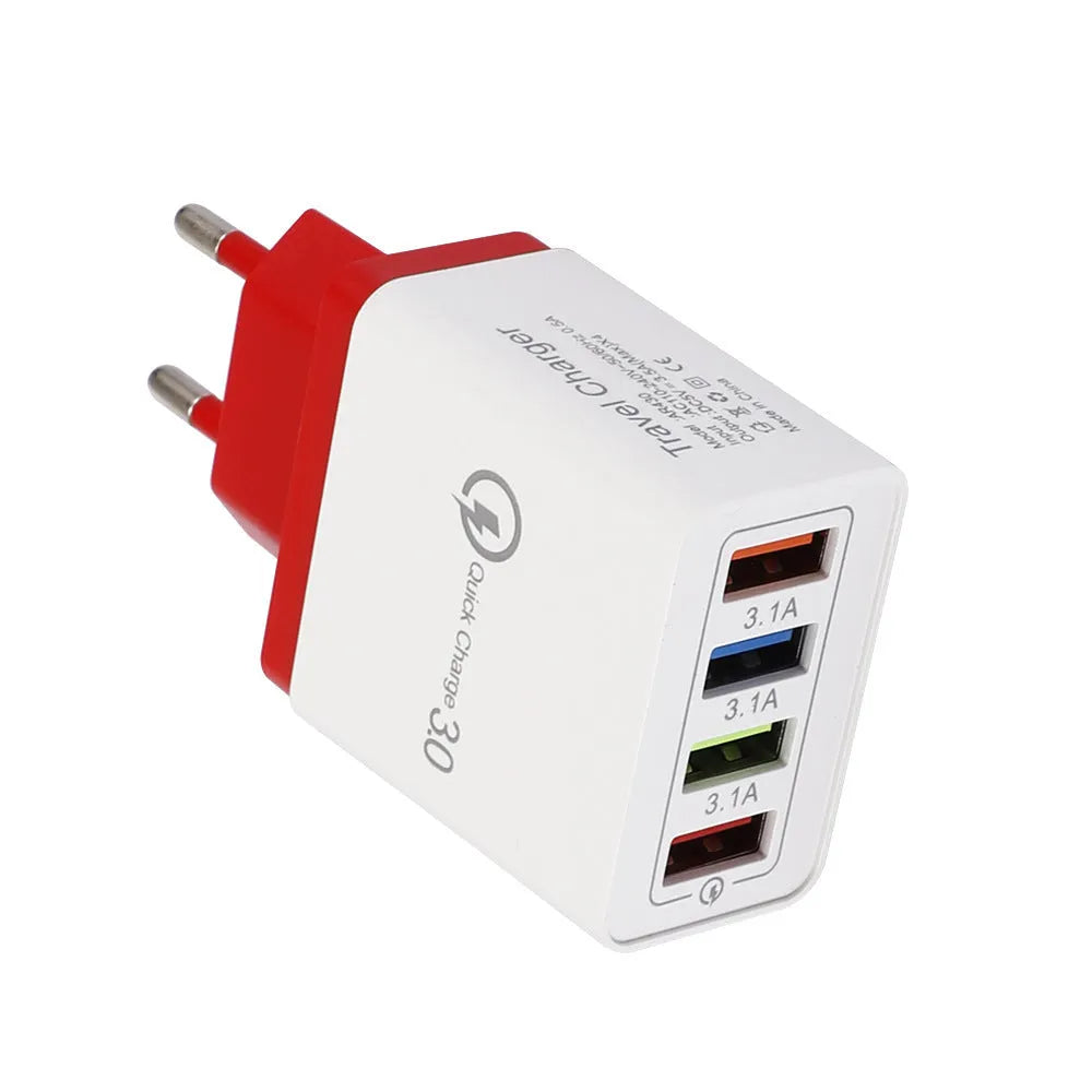 Simple Luminous 4USB mobile phone charger with UK plug showing four USB ports and compact dimensions