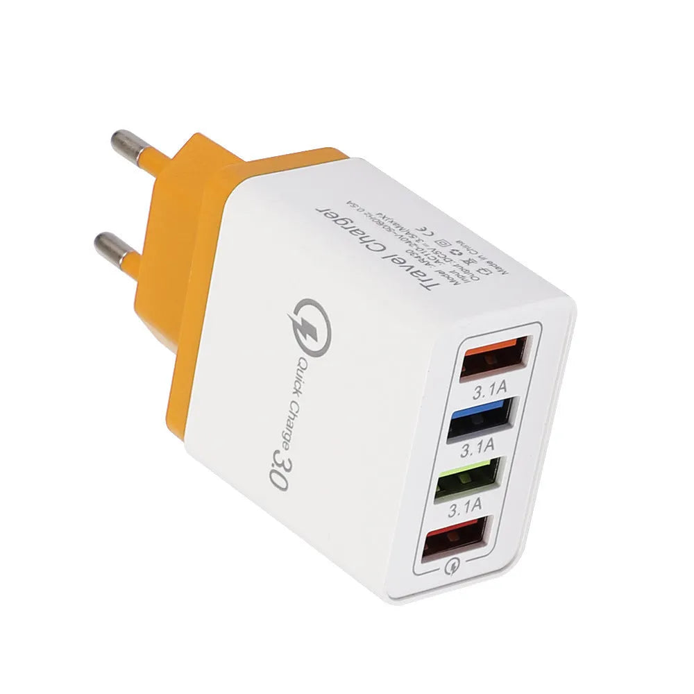 Simple Luminous 4USB mobile phone charger with UK plug showing four USB ports and compact dimensions