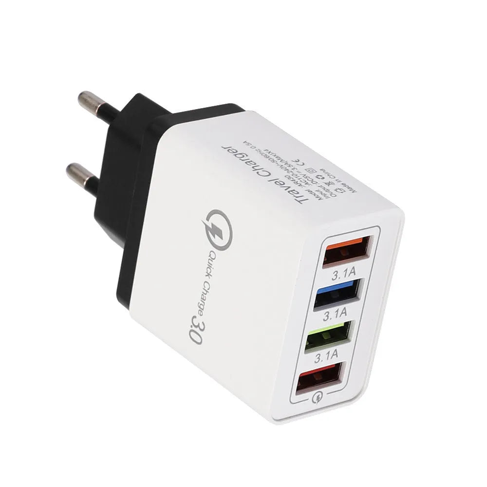 Simple Luminous 4USB mobile phone charger with UK plug showing four USB ports and compact dimensions