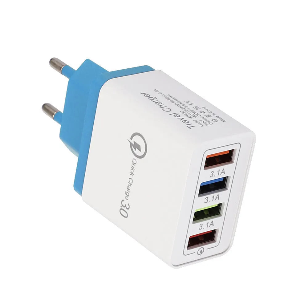 Simple Luminous 4USB mobile phone charger with UK plug showing four USB ports and compact dimensions