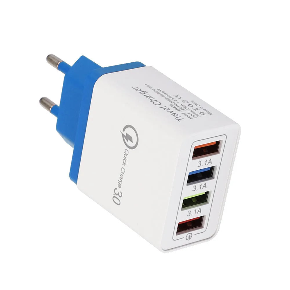 Simple Luminous 4USB mobile phone charger with UK plug showing four USB ports and compact dimensions