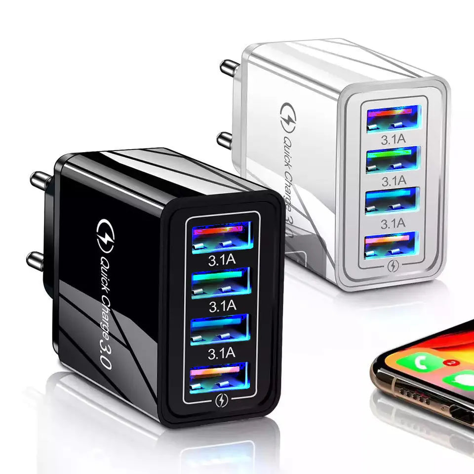 Simple Luminous 4USB mobile phone charger with UK plug showing four USB ports and compact dimensions