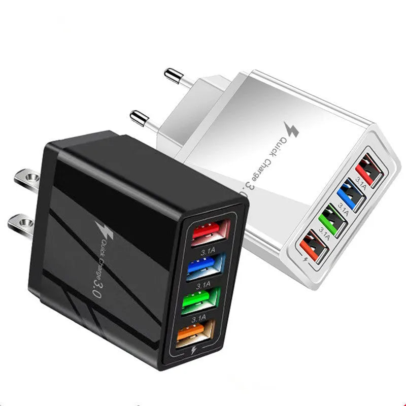 Simple Luminous 4USB mobile phone charger with UK plug showing four USB ports and compact dimensions