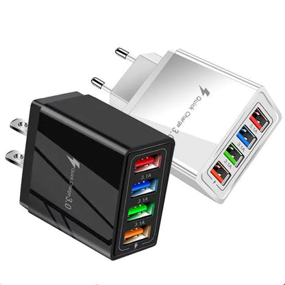 Simple Luminous 4USB mobile phone charger with UK plug showing four USB ports and compact dimensions