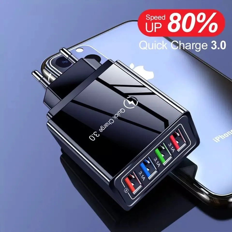 Simple Luminous 4USB mobile phone charger with UK plug showing four USB ports and compact dimensions