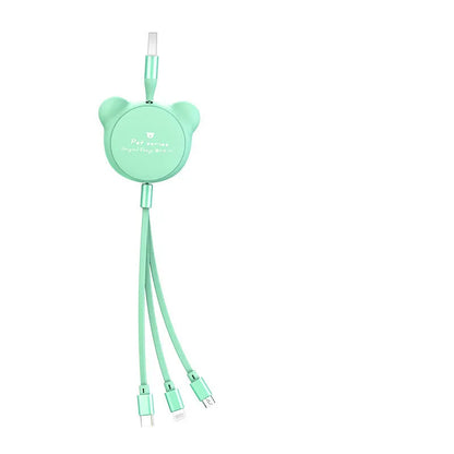 Telescopic bear-shaped phone charging cable with three connector types extended to 1.2 metre length