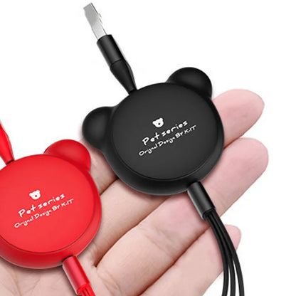 Telescopic bear-shaped phone charging cable with three connector types extended to 1.2 metre length