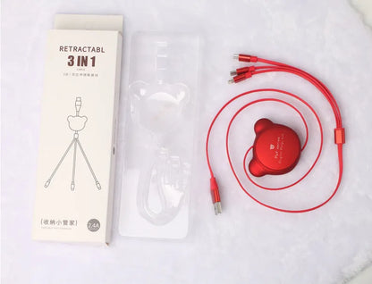 Telescopic bear-shaped phone charging cable with three connector types extended to 1.2 metre length
