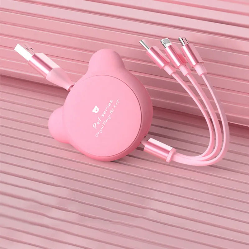 Telescopic bear-shaped phone charging cable with three connector types extended to 1.2 metre length