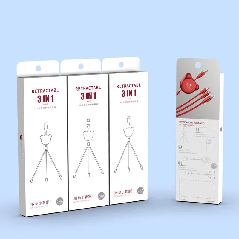 Telescopic bear-shaped phone charging cable with three connector types extended to 1.2 metre length