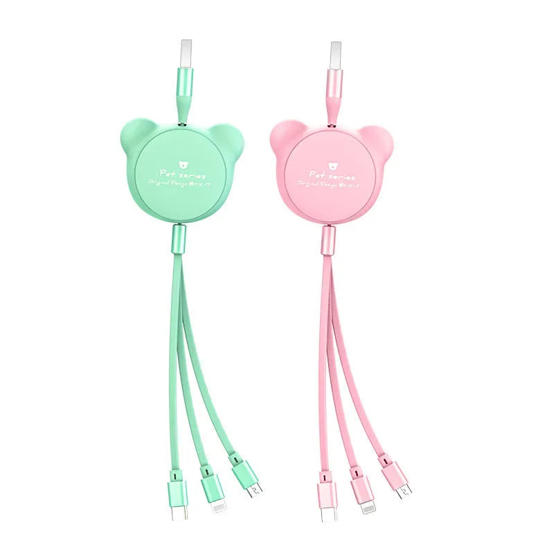 Telescopic bear-shaped phone charging cable with three connector types extended to 1.2 metre length