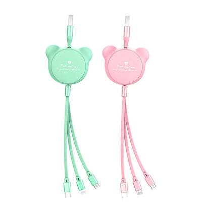 Telescopic bear-shaped phone charging cable with three connector types extended to 1.2 metre length