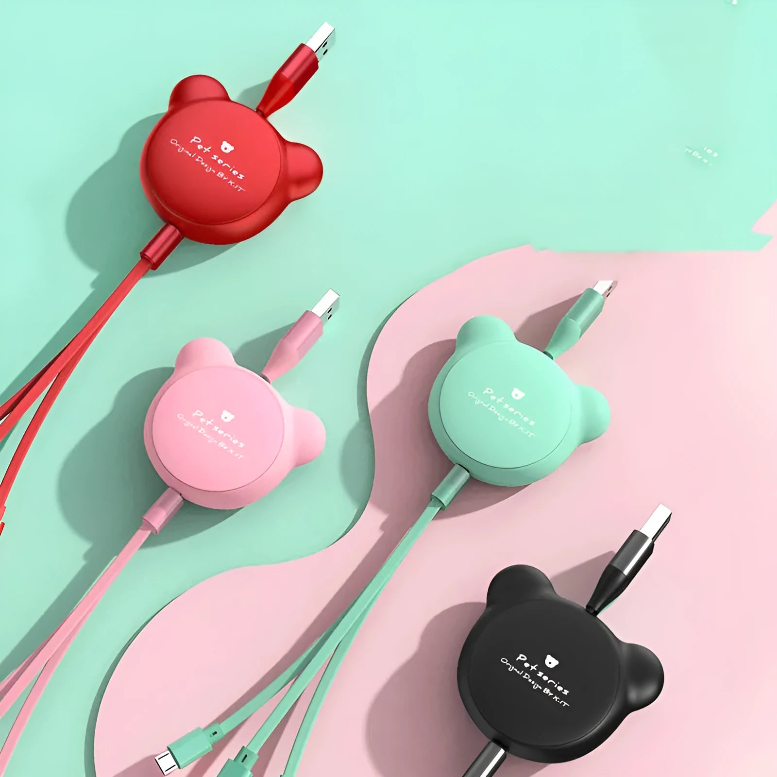 Telescopic bear-shaped phone charging cable with three connector types extended to 1.2 metre length
