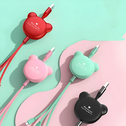 Telescopic bear-shaped phone charging cable with three connector types extended to 1.2 metre length