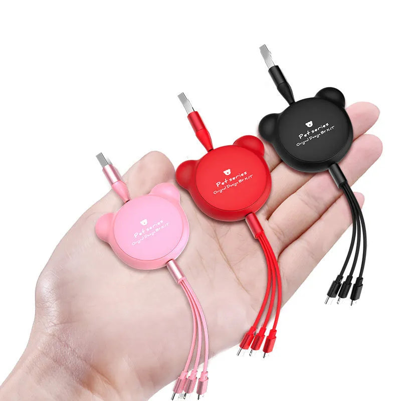 Telescopic bear-shaped phone charging cable with three connector types extended to 1.2 metre length