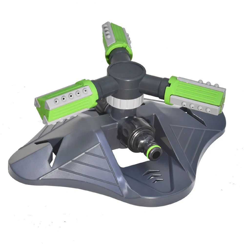 Adjustable 360-degree 3-arm rotating sprinkler in green and orange for efficient lawn irrigation