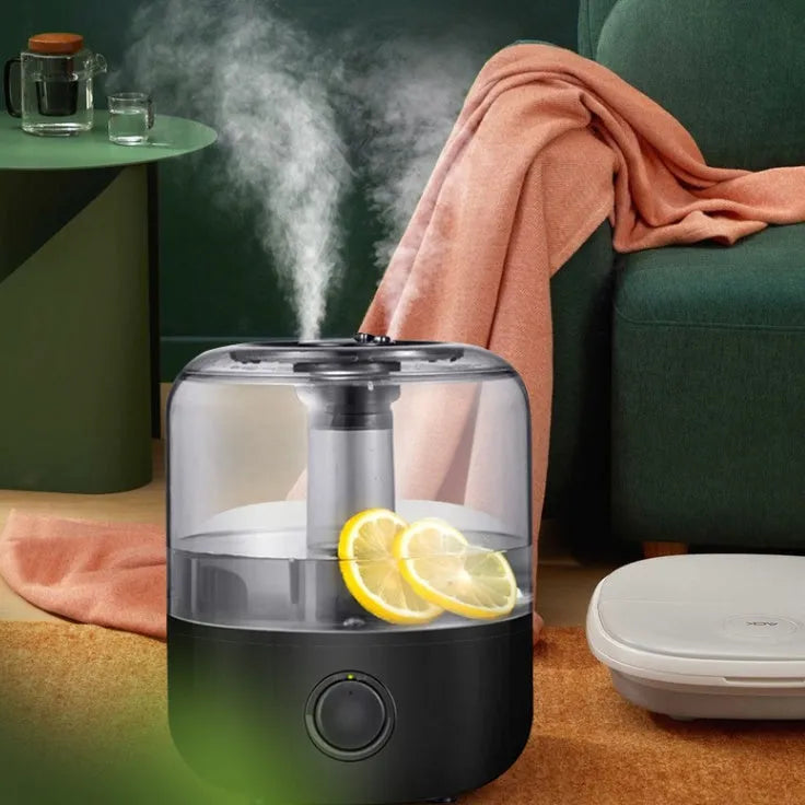 White or black ultrasonic humidifier with 3-litre tank, mechanical controls, and dimensions 183x183x233mm