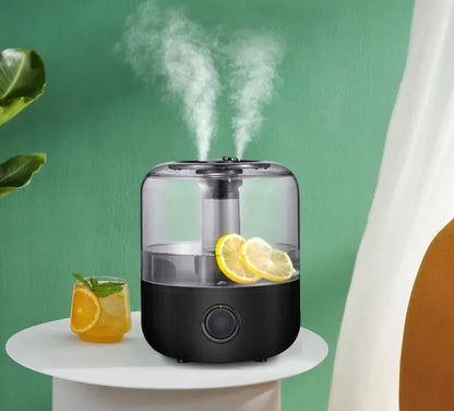 White or black ultrasonic humidifier with 3-litre tank, mechanical controls, and dimensions 183x183x233mm