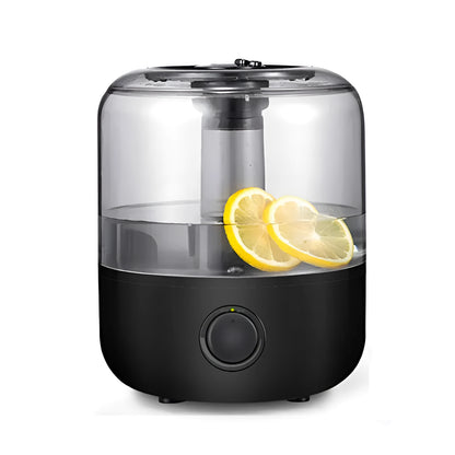 White or black ultrasonic humidifier with 3-litre tank, mechanical controls, and dimensions 183x183x233mm