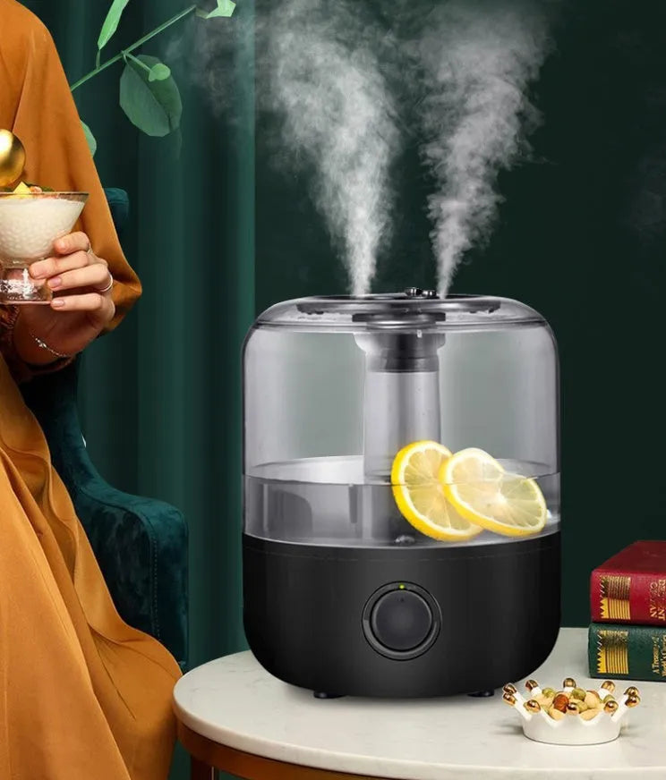 White or black ultrasonic humidifier with 3-litre tank, mechanical controls, and dimensions 183x183x233mm