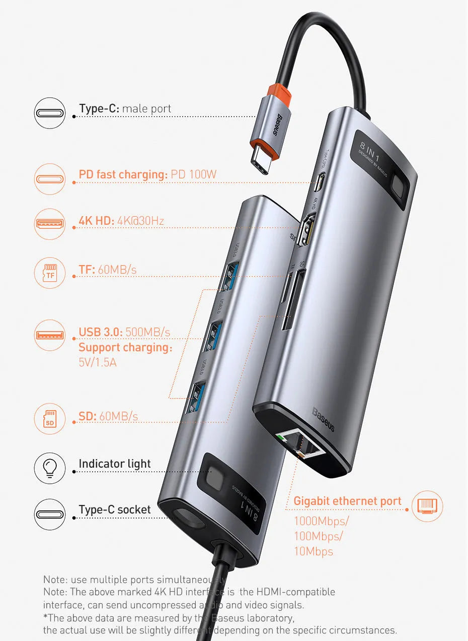 Baseus 5-in-1 USB C hub docking station, aluminium alloy Space Grey, 131.5 x 44.5 x 16.5 mm, HDMI-compatible and USB 3.0 ports