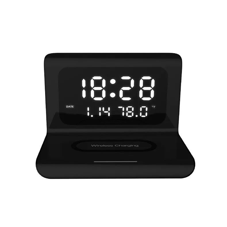 White wireless charger alarm clock showing time, date, temperature display with phone charging