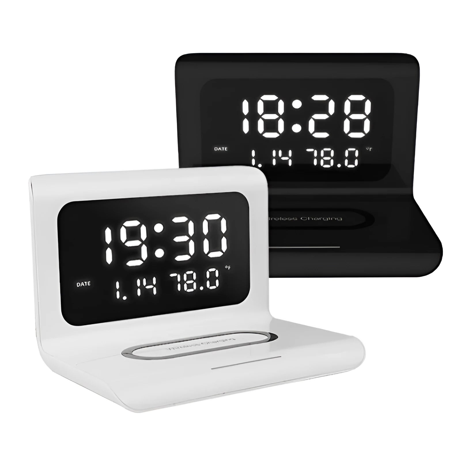 White wireless charger alarm clock showing time, date, temperature display with phone charging
