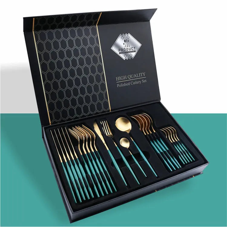 24-piece stainless steel knife fork spoon set in a gift box, showing colour options like black gold and silver