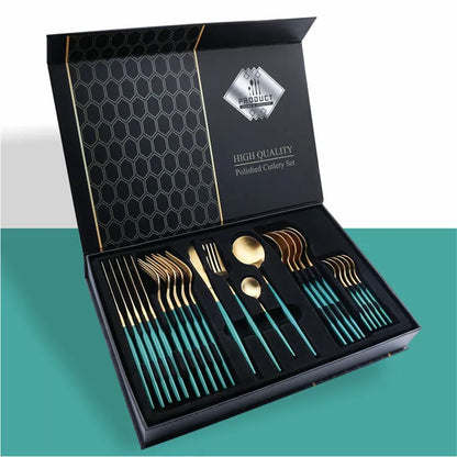 24-piece stainless steel knife fork spoon set in a gift box, showing colour options like black gold and silver