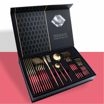 24-piece stainless steel knife fork spoon set in a gift box, showing colour options like black gold and silver