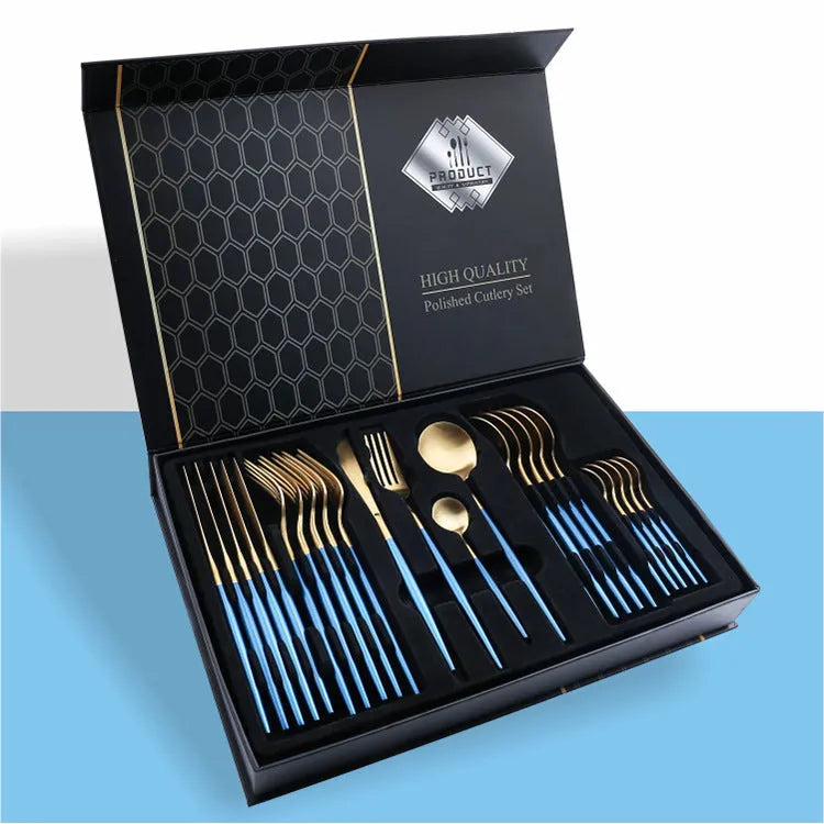 24-piece stainless steel knife fork spoon set in a gift box, showing colour options like black gold and silver