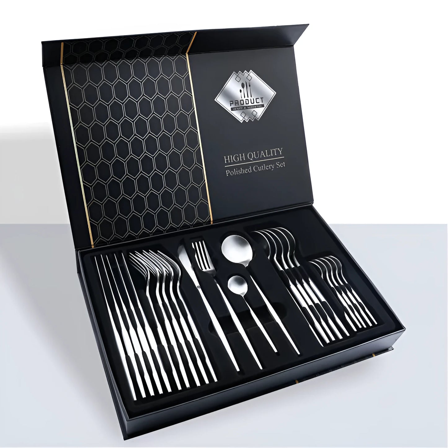 24-piece stainless steel knife fork spoon set in a gift box, showing colour options like black gold and silver