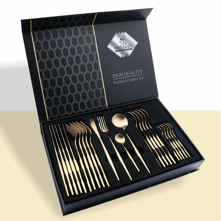 24-piece stainless steel cutlery set gift box with 304 stainless steel knives, forks, and spoons in black gold, blue gold, golden, green gold, pink gold, platinum, red gold, or silver colour options