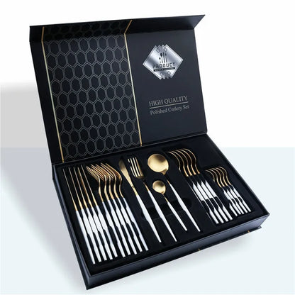 24-piece stainless steel knife fork spoon set in a gift box, showing colour options like black gold and silver