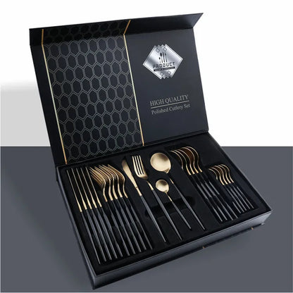 24-piece stainless steel knife fork spoon set in a gift box, showing colour options like black gold and silver